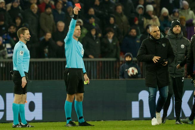 Schiedsrichter Lukas Faehndrich zeigt Trainer Fabio Celestini nach dem Spiel die gelb-rote Karte.